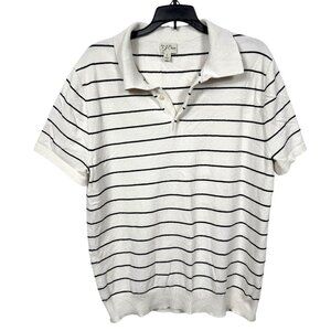 J Crew Terry Cloth Sweater Polo Mens Large White Black Stripe Organic Cotton